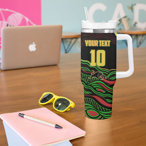 Personalized Penrith Panthers Rugby Mascot Tumbler With Handle Aboriginal Dot Art - Dreamtime Rugby Mascot