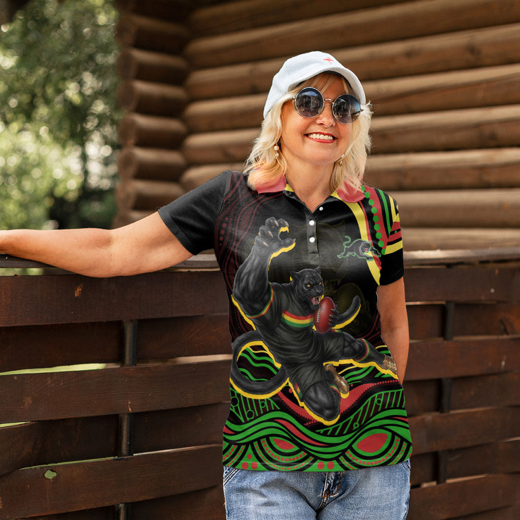 Personalized Penrith Panthers Rugby Mascot Women Polo Shirt Aboriginal Dot Art - Dreamtime Rugby Mascot