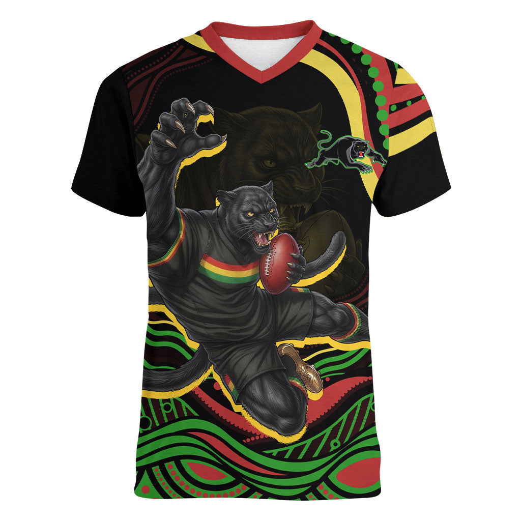 Personalized Penrith Panthers Rugby Mascot Women V-Neck T-Shirt Aboriginal Dot Art - Dreamtime Rugby Mascot