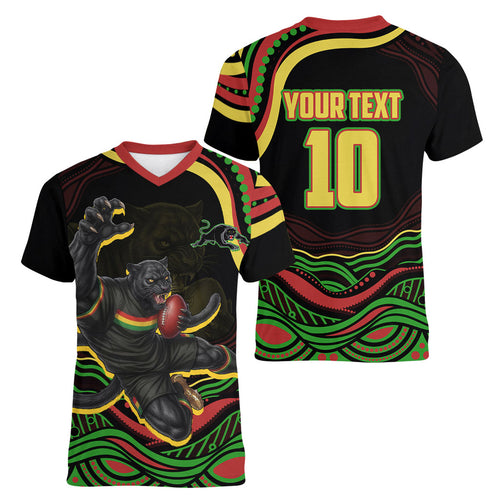 Personalized Penrith Panthers Rugby Mascot Women V-Neck T-Shirt Aboriginal Dot Art - Dreamtime Rugby Mascot