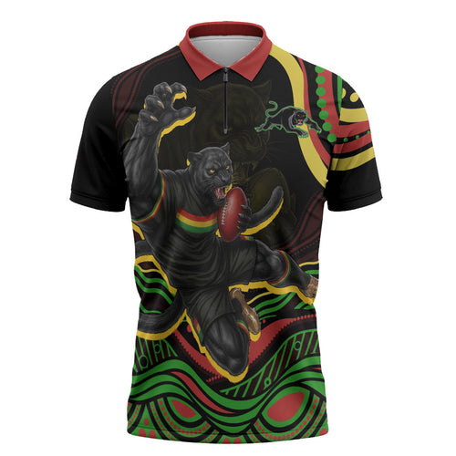 Personalized Penrith Panthers Rugby Mascot Zipper Polo Shirt Aboriginal Dot Art - Dreamtime Rugby Mascot