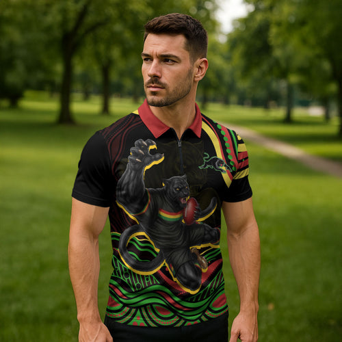 Personalized Penrith Panthers Rugby Mascot Zipper Polo Shirt Aboriginal Dot Art - Dreamtime Rugby Mascot