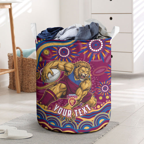 Personalized Brisbane Lions AFL Mascot Laundry Basket Aboriginal Dot Art - Dreamtime Football Mascot