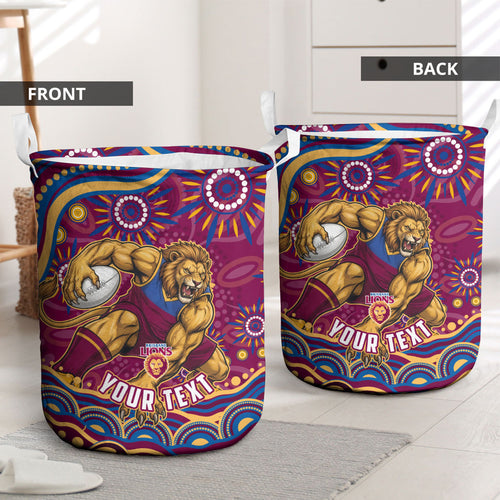 Personalized Brisbane Lions AFL Mascot Laundry Basket Aboriginal Dot Art - Dreamtime Football Mascot