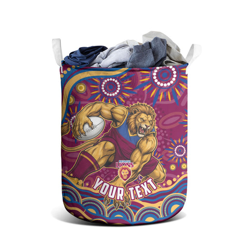 Personalized Brisbane Lions AFL Mascot Laundry Basket Aboriginal Dot Art - Dreamtime Football Mascot