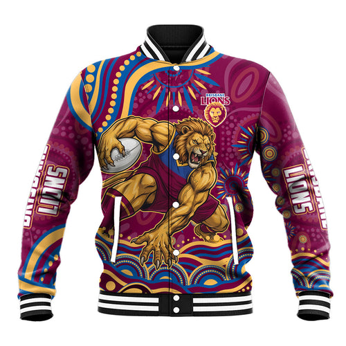Personalized Brisbane Lions AFL Mascot Baseball Jacket Aboriginal Dot Art - Dreamtime Football Mascot