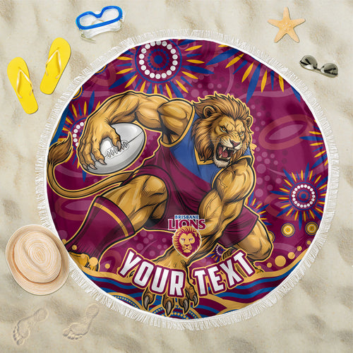 Personalized Brisbane Lions AFL Mascot Beach Blanket Aboriginal Dot Art - Dreamtime Football Mascot