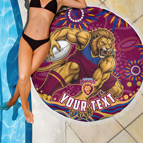 Personalized Brisbane Lions AFL Mascot Beach Blanket Aboriginal Dot Art - Dreamtime Football Mascot