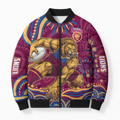 Personalized Brisbane Lions AFL Mascot Bomber Puffer Jacket Aboriginal Dot Art - Dreamtime Football Mascot