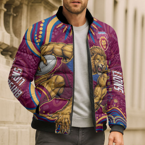 Personalized Brisbane Lions AFL Mascot Bomber Puffer Jacket Aboriginal Dot Art - Dreamtime Football Mascot