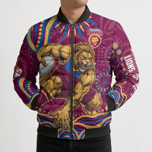 Personalized Brisbane Lions AFL Mascot Bomber Puffer Jacket Aboriginal Dot Art - Dreamtime Football Mascot