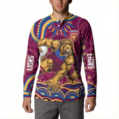 Personalized Brisbane Lions AFL Mascot Button Sweatshirt Aboriginal Dot Art - Dreamtime Football Mascot