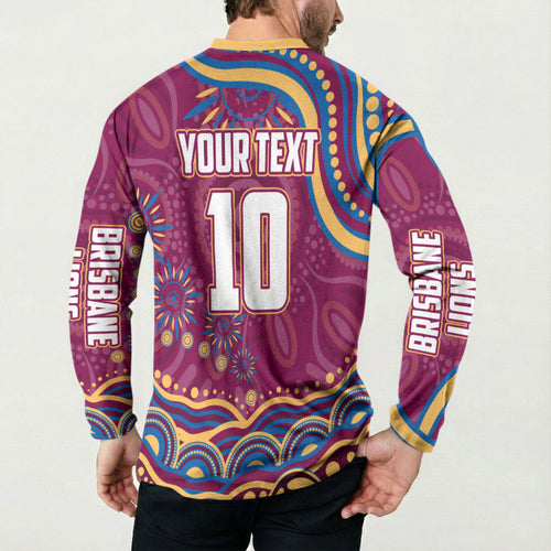 Personalized Brisbane Lions AFL Mascot Button Sweatshirt Aboriginal Dot Art - Dreamtime Football Mascot