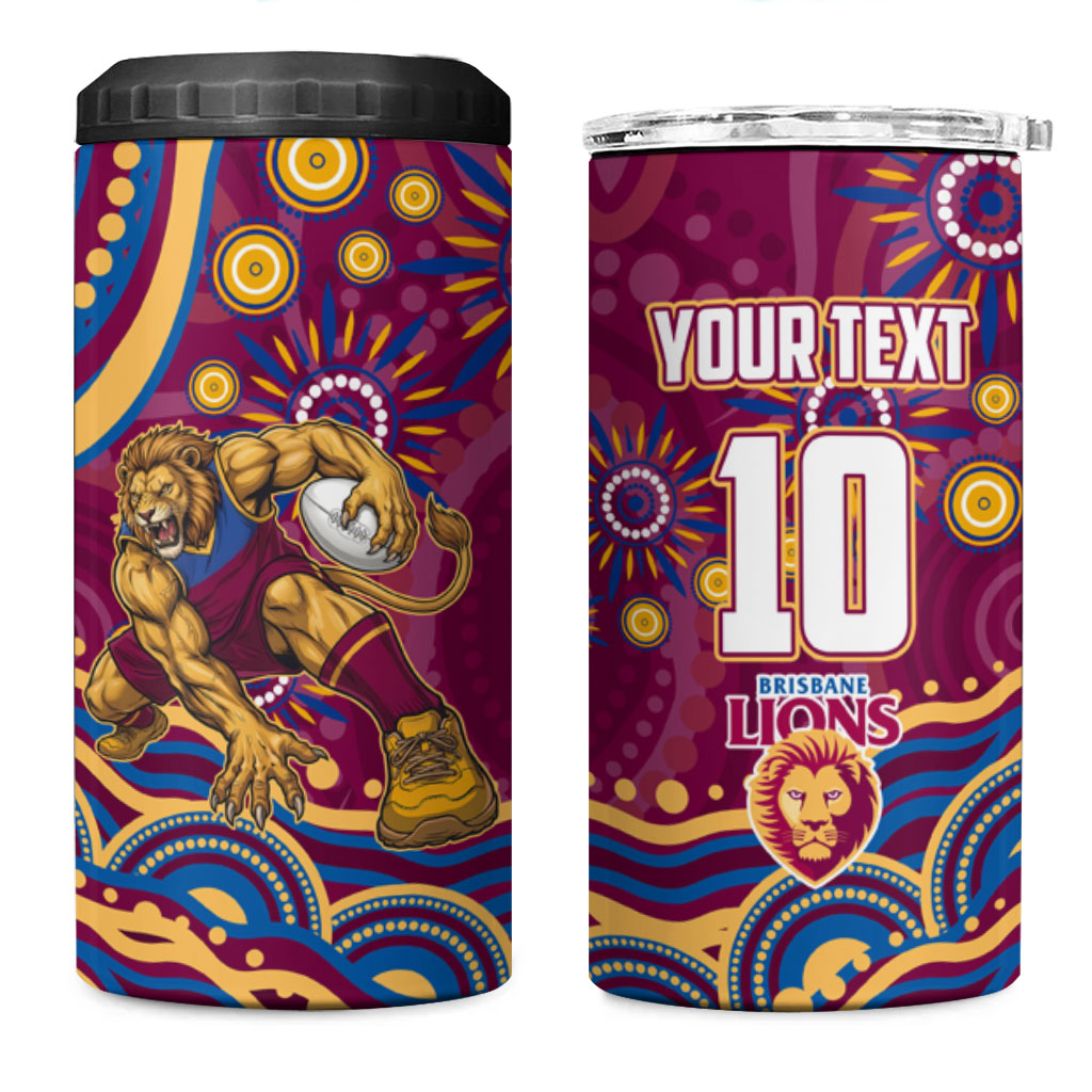 Personalized Brisbane Lions AFL Mascot 4 in 1 Can Cooler Tumbler Aboriginal Dot Art - Dreamtime Football Mascot