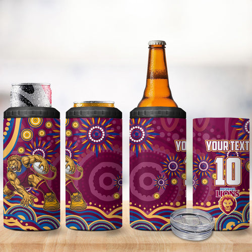 Personalized Brisbane Lions AFL Mascot 4 in 1 Can Cooler Tumbler Aboriginal Dot Art - Dreamtime Football Mascot