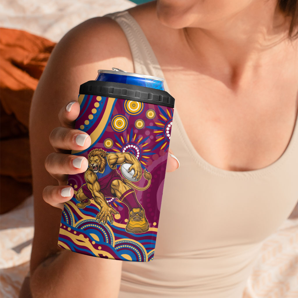Personalized Brisbane Lions AFL Mascot 4 in 1 Can Cooler Tumbler Aboriginal Dot Art - Dreamtime Football Mascot
