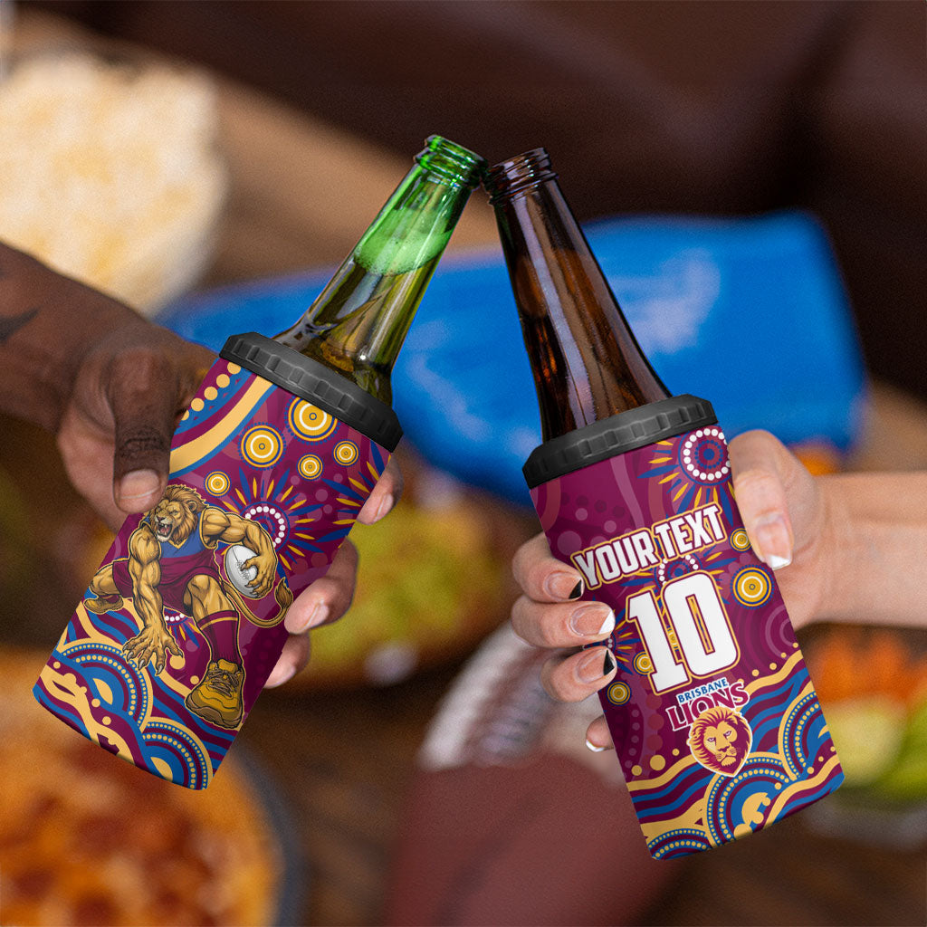 Personalized Brisbane Lions AFL Mascot 4 in 1 Can Cooler Tumbler Aboriginal Dot Art - Dreamtime Football Mascot