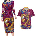 Personalized Brisbane Lions AFL Mascot Couples Matching Long Sleeve Bodycon Dress and Hawaiian Shirt Aboriginal Dot Art - Dreamtime Football Mascot