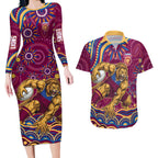 Personalized Brisbane Lions AFL Mascot Couples Matching Long Sleeve Bodycon Dress and Hawaiian Shirt Aboriginal Dot Art - Dreamtime Football Mascot