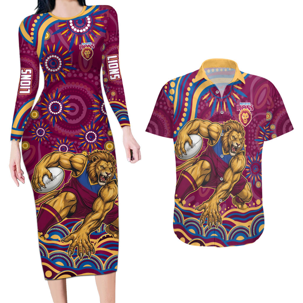 Personalized Brisbane Lions AFL Mascot Couples Matching Long Sleeve Bodycon Dress and Hawaiian Shirt Aboriginal Dot Art - Dreamtime Football Mascot