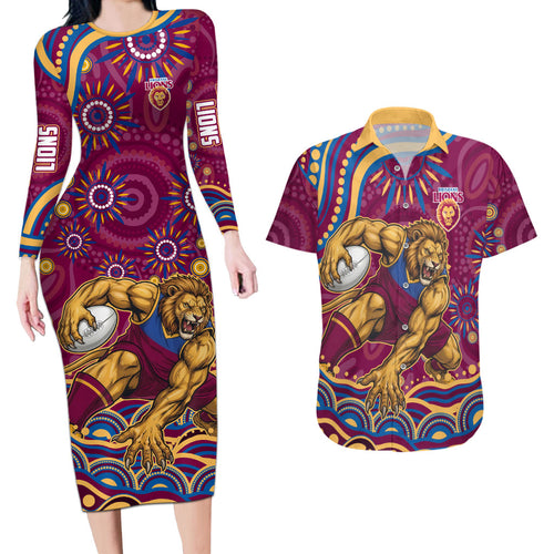 Personalized Brisbane Lions AFL Mascot Couples Matching Long Sleeve Bodycon Dress and Hawaiian Shirt Aboriginal Dot Art - Dreamtime Football Mascot