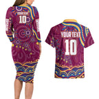 Personalized Brisbane Lions AFL Mascot Couples Matching Long Sleeve Bodycon Dress and Hawaiian Shirt Aboriginal Dot Art - Dreamtime Football Mascot