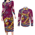 Personalized Brisbane Lions AFL Mascot Couples Matching Long Sleeve Bodycon Dress and Long Sleeve Button Shirt Aboriginal Dot Art - Dreamtime Football Mascot