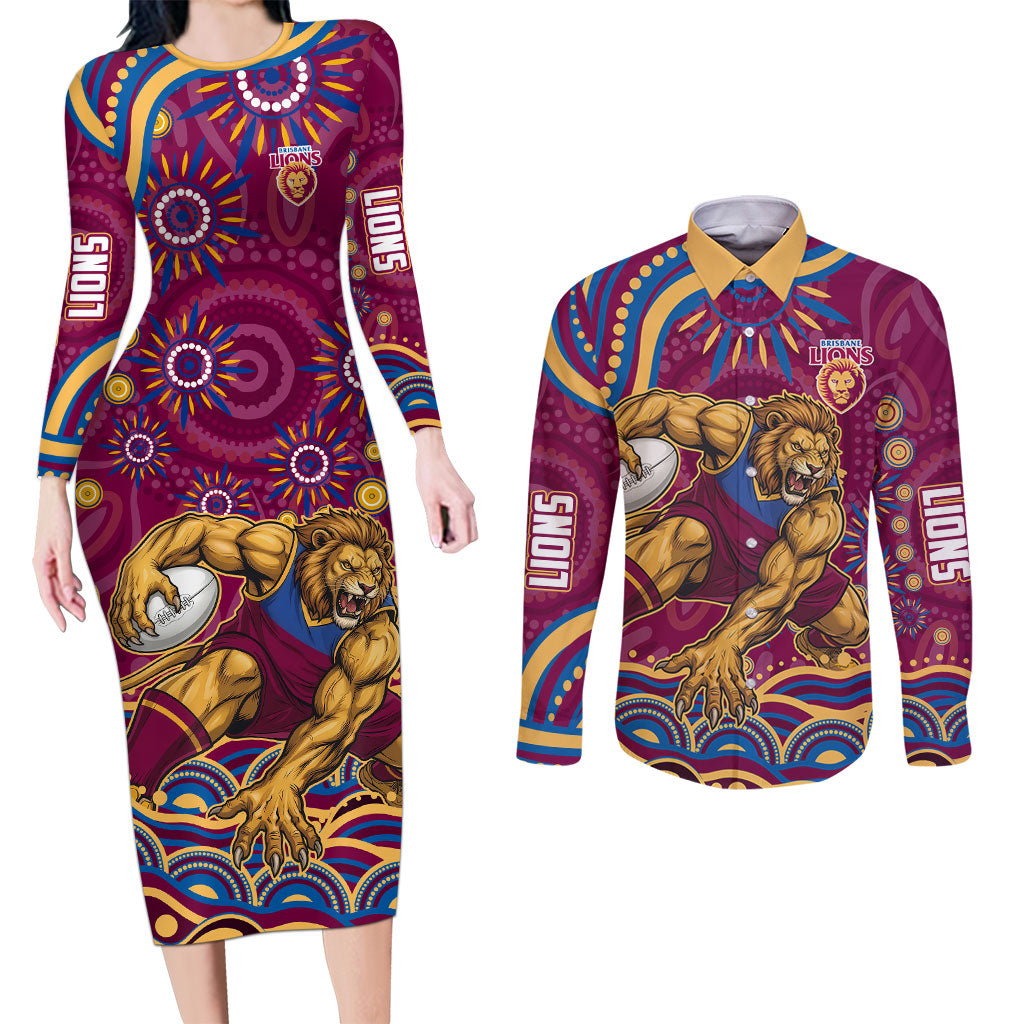 Personalized Brisbane Lions AFL Mascot Couples Matching Long Sleeve Bodycon Dress and Long Sleeve Button Shirt Aboriginal Dot Art - Dreamtime Football Mascot