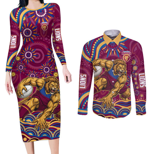 Personalized Brisbane Lions AFL Mascot Couples Matching Long Sleeve Bodycon Dress and Long Sleeve Button Shirt Aboriginal Dot Art - Dreamtime Football Mascot