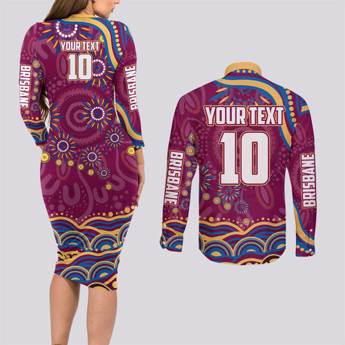 Personalized Brisbane Lions AFL Mascot Couples Matching Long Sleeve Bodycon Dress and Long Sleeve Button Shirt Aboriginal Dot Art - Dreamtime Football Mascot