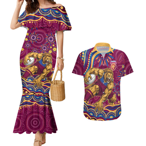 Personalized Brisbane Lions AFL Mascot Couples Matching Mermaid Dress and Hawaiian Shirt Aboriginal Dot Art - Dreamtime Football Mascot