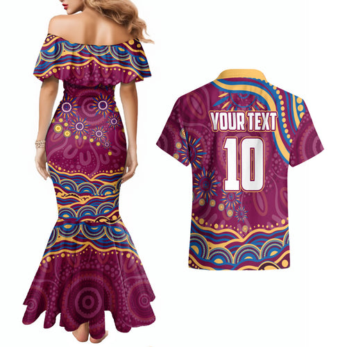 Personalized Brisbane Lions AFL Mascot Couples Matching Mermaid Dress and Hawaiian Shirt Aboriginal Dot Art - Dreamtime Football Mascot