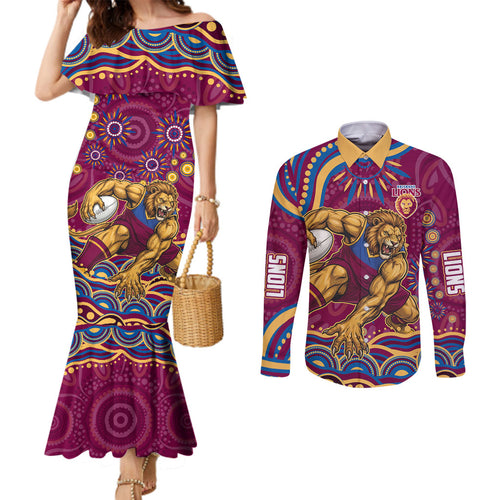 Personalized Brisbane Lions AFL Mascot Couples Matching Mermaid Dress and Long Sleeve Button Shirt Aboriginal Dot Art - Dreamtime Football Mascot