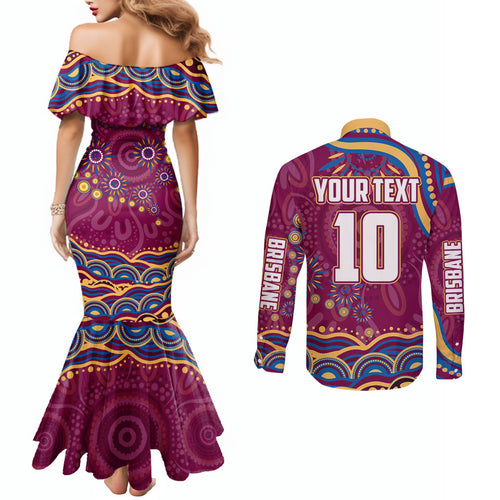 Personalized Brisbane Lions AFL Mascot Couples Matching Mermaid Dress and Long Sleeve Button Shirt Aboriginal Dot Art - Dreamtime Football Mascot