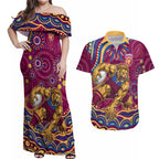 Personalized Brisbane Lions AFL Mascot Couples Matching Off Shoulder Maxi Dress and Hawaiian Shirt Aboriginal Dot Art - Dreamtime Football Mascot