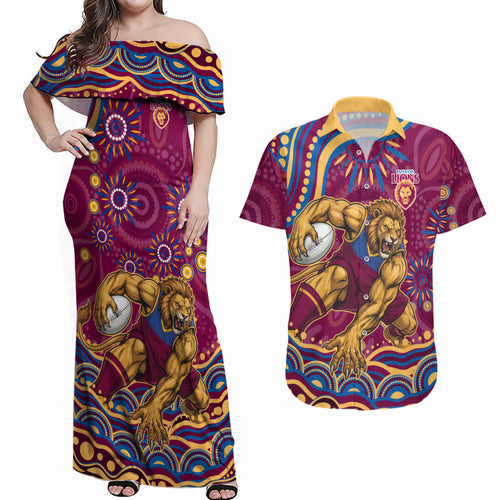 Personalized Brisbane Lions AFL Mascot Couples Matching Off Shoulder Maxi Dress and Hawaiian Shirt Aboriginal Dot Art - Dreamtime Football Mascot