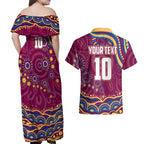 Personalized Brisbane Lions AFL Mascot Couples Matching Off Shoulder Maxi Dress and Hawaiian Shirt Aboriginal Dot Art - Dreamtime Football Mascot