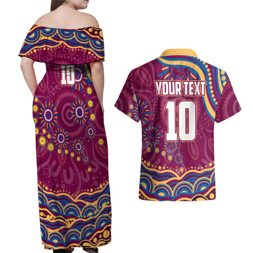 Personalized Brisbane Lions AFL Mascot Couples Matching Off Shoulder Maxi Dress and Hawaiian Shirt Aboriginal Dot Art - Dreamtime Football Mascot