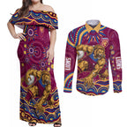 Personalized Brisbane Lions AFL Mascot Couples Matching Off Shoulder Maxi Dress and Long Sleeve Button Shirt Aboriginal Dot Art - Dreamtime Football Mascot