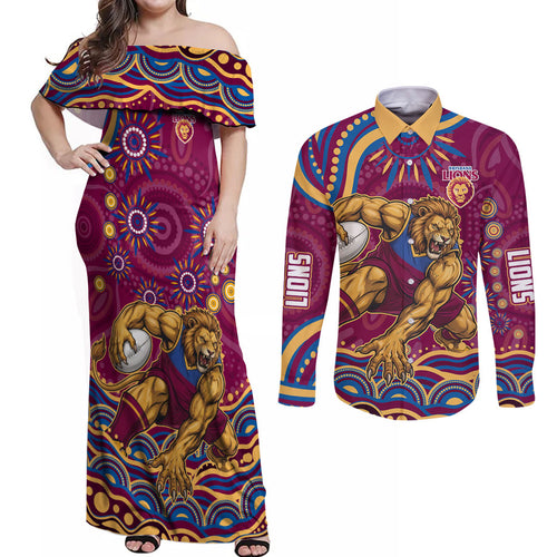 Personalized Brisbane Lions AFL Mascot Couples Matching Off Shoulder Maxi Dress and Long Sleeve Button Shirt Aboriginal Dot Art - Dreamtime Football Mascot