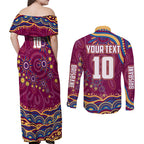 Personalized Brisbane Lions AFL Mascot Couples Matching Off Shoulder Maxi Dress and Long Sleeve Button Shirt Aboriginal Dot Art - Dreamtime Football Mascot