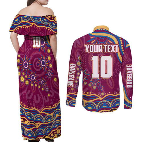 Personalized Brisbane Lions AFL Mascot Couples Matching Off Shoulder Maxi Dress and Long Sleeve Button Shirt Aboriginal Dot Art - Dreamtime Football Mascot