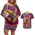 Personalized Brisbane Lions AFL Mascot Couples Matching Off Shoulder Short Dress and Hawaiian Shirt Aboriginal Dot Art - Dreamtime Football Mascot
