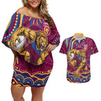 Personalized Brisbane Lions AFL Mascot Couples Matching Off Shoulder Short Dress and Hawaiian Shirt Aboriginal Dot Art - Dreamtime Football Mascot