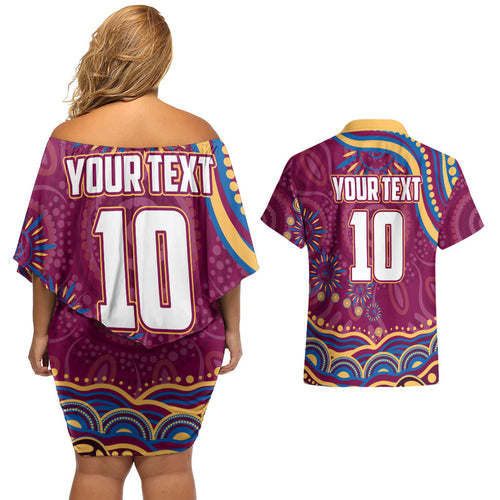Personalized Brisbane Lions AFL Mascot Couples Matching Off Shoulder Short Dress and Hawaiian Shirt Aboriginal Dot Art - Dreamtime Football Mascot