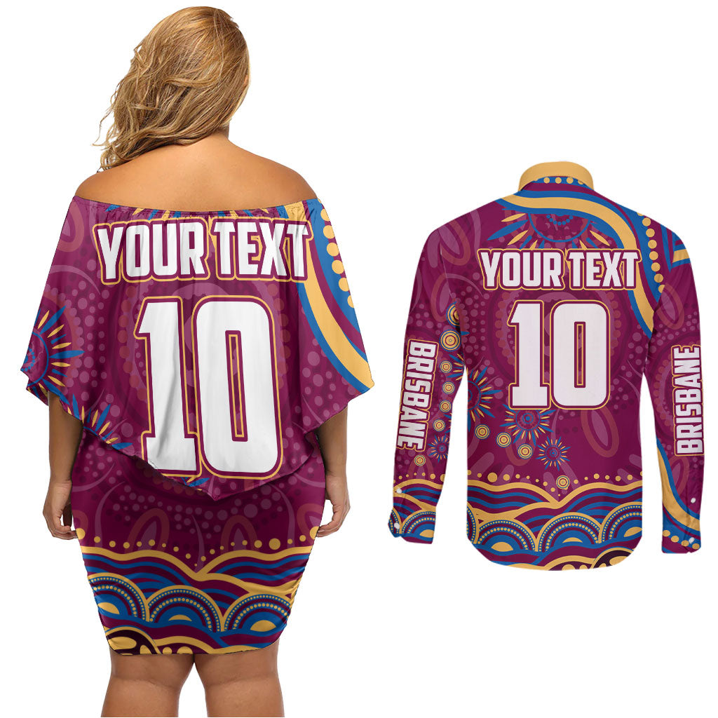Personalized Brisbane Lions AFL Mascot Couples Matching Off Shoulder Short Dress and Long Sleeve Button Shirt Aboriginal Dot Art - Dreamtime Football Mascot