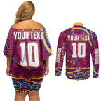 Personalized Brisbane Lions AFL Mascot Couples Matching Off Shoulder Short Dress and Long Sleeve Button Shirt Aboriginal Dot Art - Dreamtime Football Mascot