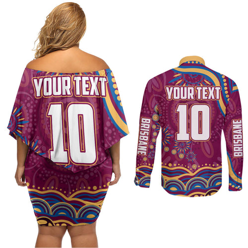 Personalized Brisbane Lions AFL Mascot Couples Matching Off Shoulder Short Dress and Long Sleeve Button Shirt Aboriginal Dot Art - Dreamtime Football Mascot
