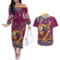 Personalized Brisbane Lions AFL Mascot Couples Matching Off The Shoulder Long Sleeve Dress and Hawaiian Shirt Aboriginal Dot Art - Dreamtime Football Mascot