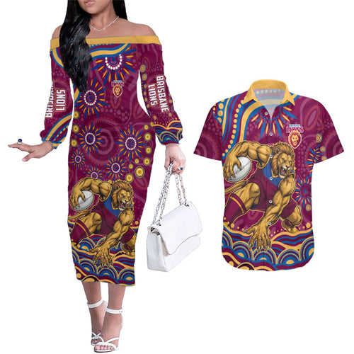 Personalized Brisbane Lions AFL Mascot Couples Matching Off The Shoulder Long Sleeve Dress and Hawaiian Shirt Aboriginal Dot Art - Dreamtime Football Mascot